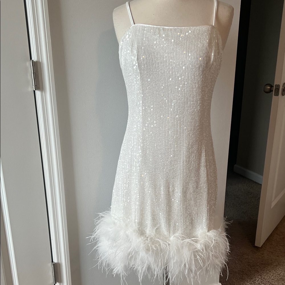 Lulu's White Sequin Feather Dress
